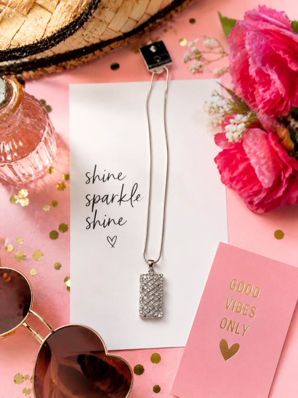 Sterling Silver CZ Pavé Rectangle Pendant Necklace - Silver